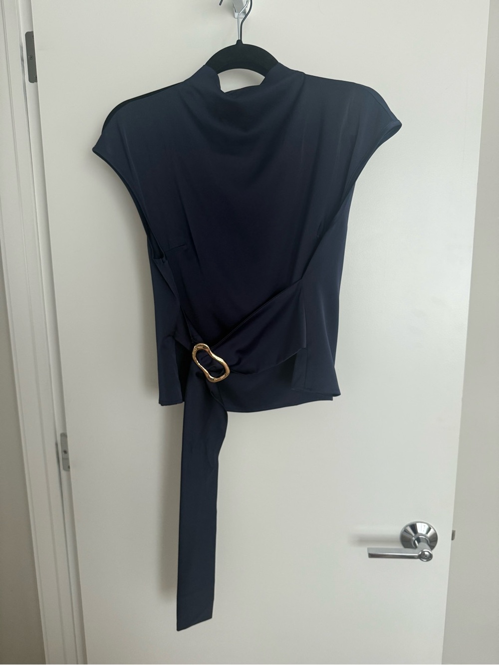 Navy commense satin top with gold belted accent
